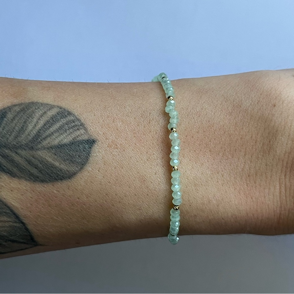 Seafoam Green Beaded Bracelet with Gold Accents | Handmade Stretch
